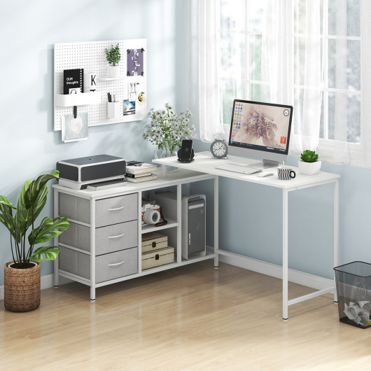 L-shaped Computer Desk with Power Outlet for Working Studying Gaming-White - Image 4
