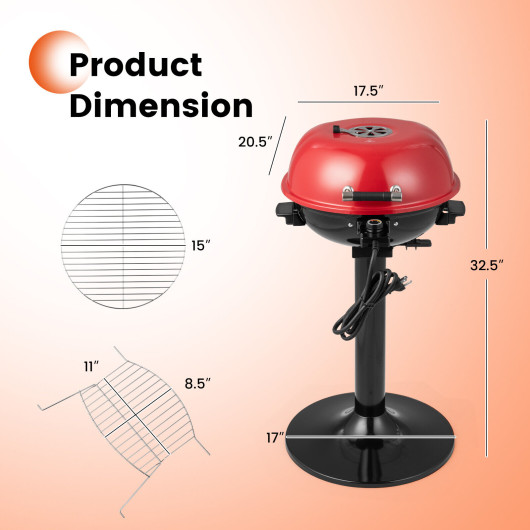 1600W Electric BBQ Grill with Removable Non-Stick Warming Rack-Red - Image 5