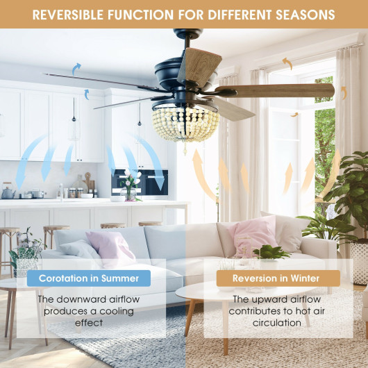 52 Inch Retro Ceiling Fan Light with Reversible Blades Remote Control-Black - Image 2