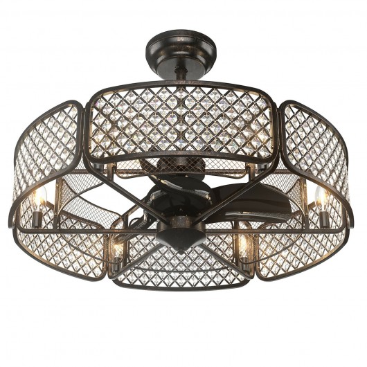 30 Inch Caged Ceiling Fan With Light Crystal Lampshade 6 Light Bases-Brown - Image 3