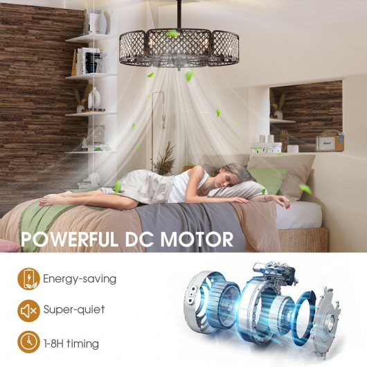 30 Inch Caged Ceiling Fan With Light Crystal Lampshade 6 Light Bases-Brown - Image 6