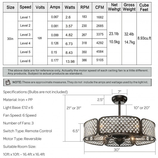 30 Inch Caged Ceiling Fan With Light Crystal Lampshade 6 Light Bases-Brown - Image 5