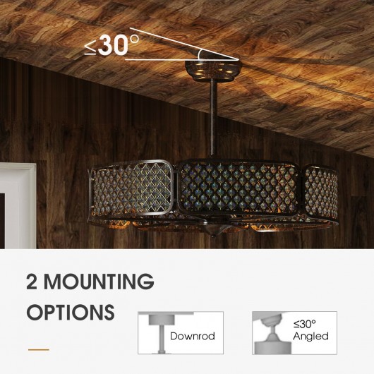 30 Inch Caged Ceiling Fan With Light Crystal Lampshade 6 Light Bases-Brown - Image 4