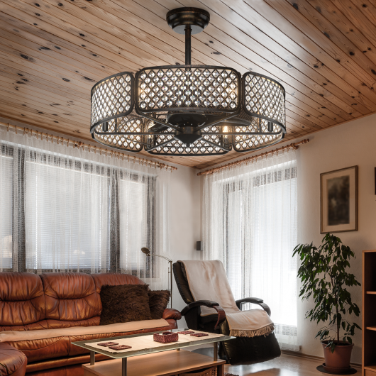 30 Inch Caged Ceiling Fan With Light Crystal Lampshade 6 Light Bases-Brown - Image 2