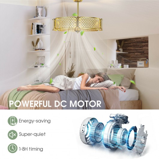 30 Inch Caged Ceiling Fan With Light Crystal Lampshade 6 Light Bases-Golden - Image 6