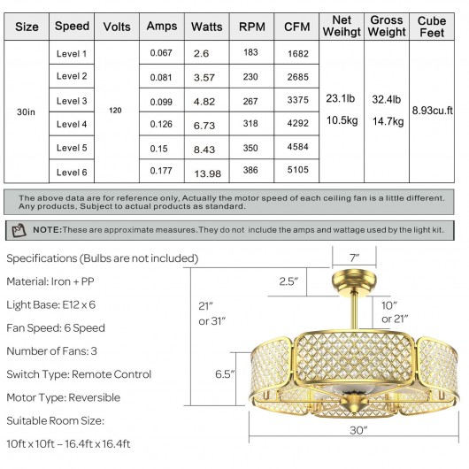 30 Inch Caged Ceiling Fan With Light Crystal Lampshade 6 Light Bases-Golden - Image 3