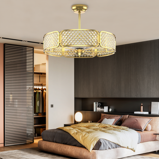 30 Inch Caged Ceiling Fan With Light Crystal Lampshade 6 Light Bases-Golden - Image 2