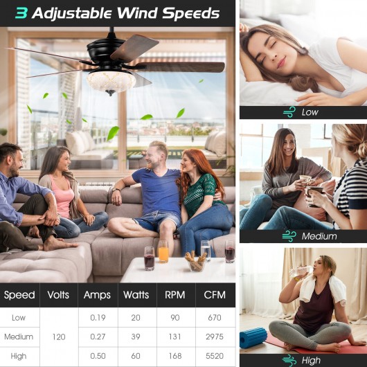 52 Inch Ceiling Fan with 3 Wind Speeds and 5 Reversible Blades-Black - Image 5