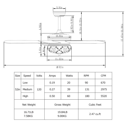 52 Inches Ceiling Fan with Remote Control-Walnut - Image 3