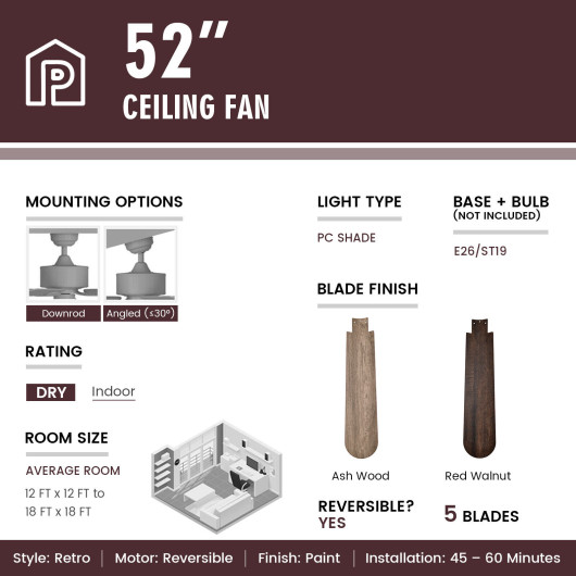 52 Inches Ceiling Fan with Remote Control-Walnut - Image 5