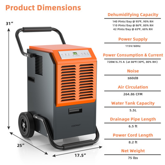 Portable Commercial Dehumidifier with Water Tank and Drainage Pipe-Gray - Image 5