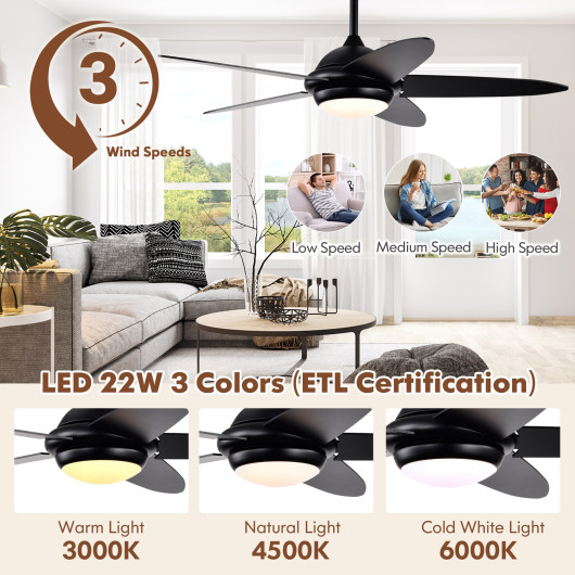 52 Inch Ceiling Fan with Lights and 3 Lighting Colors-Black - Image 4