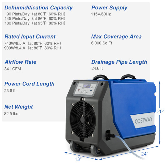 180 PPD Commercial Dehumidifier with Pump Drain Hose and Wheels-Blue - Image 5