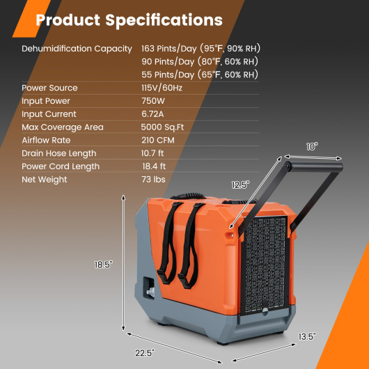 163 Pints-Day Commercial Dehumidifier with Pump and Drain Hose-Orange - Image 5