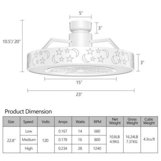 23 Inch Ceiling Fan with LED Light and Remote Control-White - Image 4