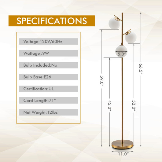 3-Globe Floor Lamp with Foot Switch and Bulb Bases-Golden - Image 3