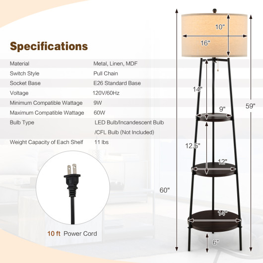 Shelf Floor Lamp with Storage Shelves and Linen Lampshade - Image 2