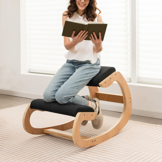 Wooden Rocking Chair with Comfortable Padded Seat Cushion and Knee Support-Black - Image 4