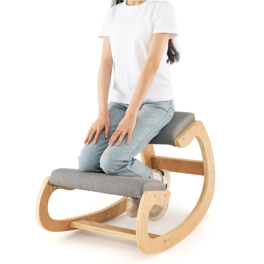 Wooden Rocking Chair with Comfortable Padded Seat Cushion and Knee Support-Gray - Image 2
