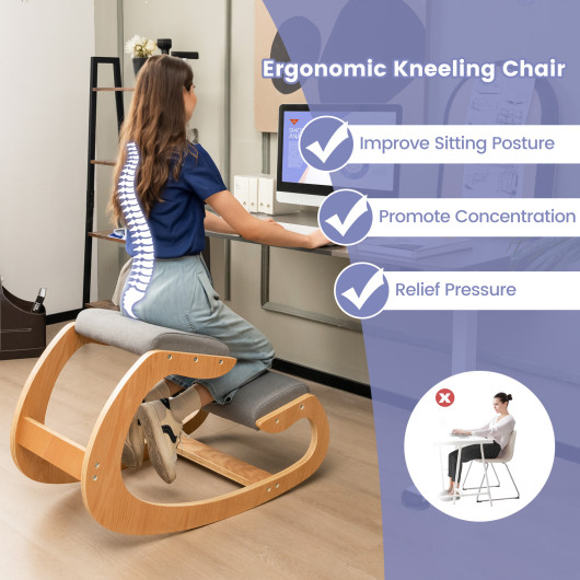 Wooden Rocking Chair with Comfortable Padded Seat Cushion and Knee Support-Gray - Image 5