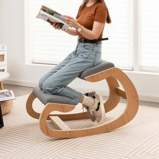 Wooden Rocking Chair with Comfortable Padded Seat Cushion and Knee Support-Gray - Image 6