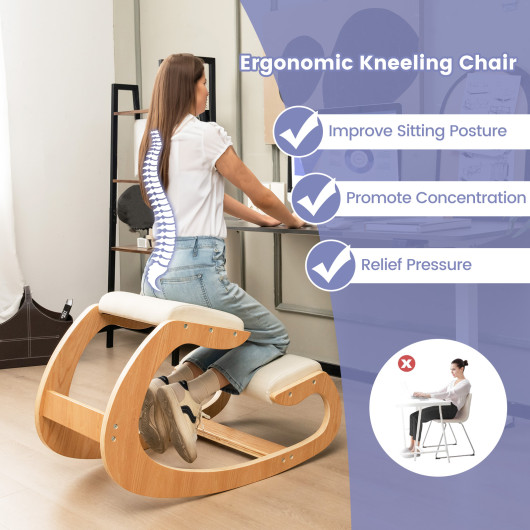 Wooden Rocking Chair with Comfortable Padded Seat Cushion and Knee Support-Beige - Image 4