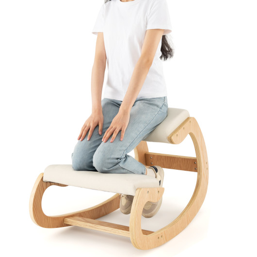 Wooden Rocking Chair with Comfortable Padded Seat Cushion and Knee Support-Beige - Image 5