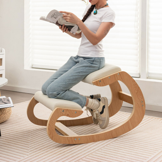 Wooden Rocking Chair with Comfortable Padded Seat Cushion and Knee Support-Beige - Image 6