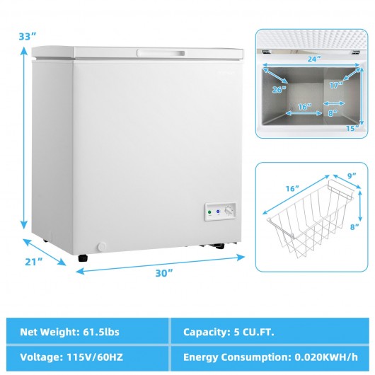 3.5-5 Cu.ft Compact Chest Freezer with Removable Storage Basket-5 Cubic Feet - Image 6