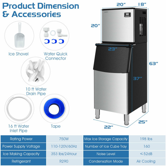 353LBS-24H Split Commercial Ice Maker with 198 LBS Storage Bin - Image 4