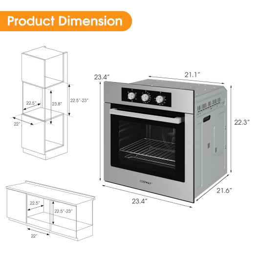 24 Inch Single Wall Oven 2.47Cu.ft with 5 Cooking Modes-Silver - Image 6