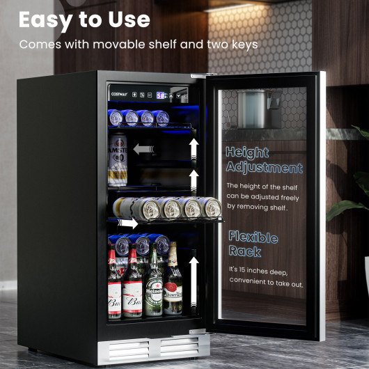 15 Inch 100 Can Built-in Freestanding Beverage Cooler Refrigerator with Adjustable Temperature and Shelf-Silver - Image 3
