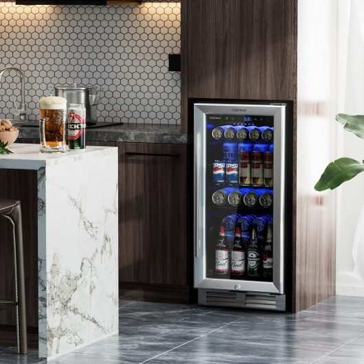 15 Inch 100 Can Built-in Freestanding Beverage Cooler Refrigerator with Adjustable Temperature and Shelf-Silver - Image 2