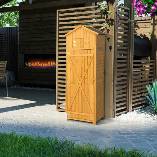 71 Inch Tall Garden Tool Storage Cabinet with Lockable Doors and Foldable Table-Natural - Image 5