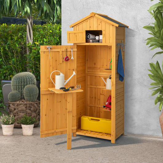 71 Inch Tall Garden Tool Storage Cabinet with Lockable Doors and Foldable Table-Natural - Image 6