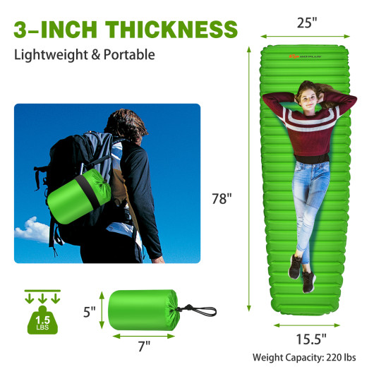 3 Inch Thick Inflatable Waterproof Camping Sleeping Pad-Green - Image 3