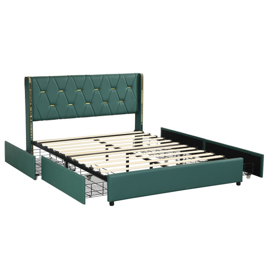 Full-Queen Size Upholstered Bed Frame with 4 Drawers-Green-Full Size