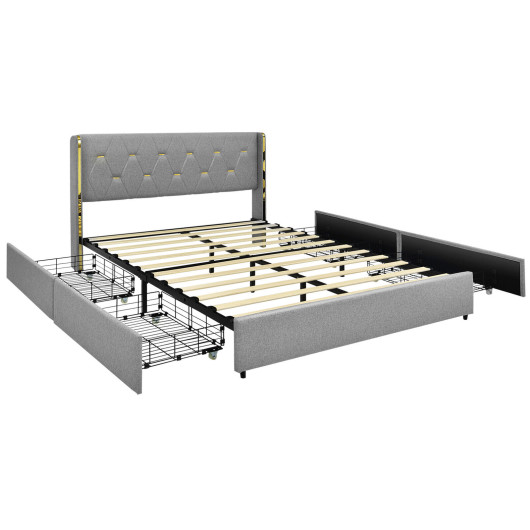 Full-Queen Size Upholstered Bed Frame with 4 Drawers-Silver-Full Size