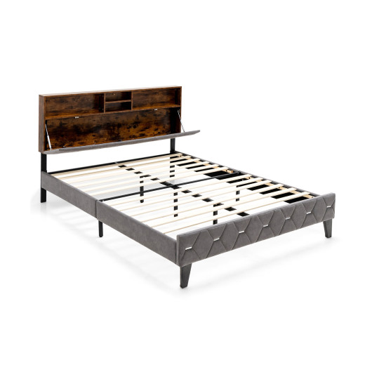 Full-Queen Size Upholstered Bed Frame with Storage Headboard-Queen Size