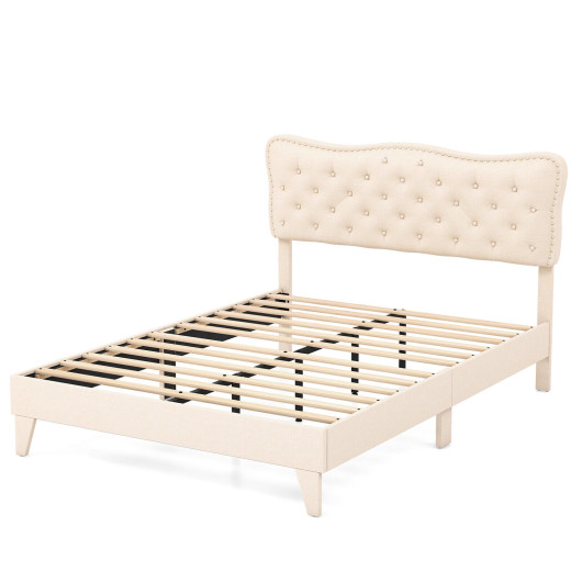 Full-Queen Size Bed Frame with Nail Headboard and Wooden Slats-Queen Size