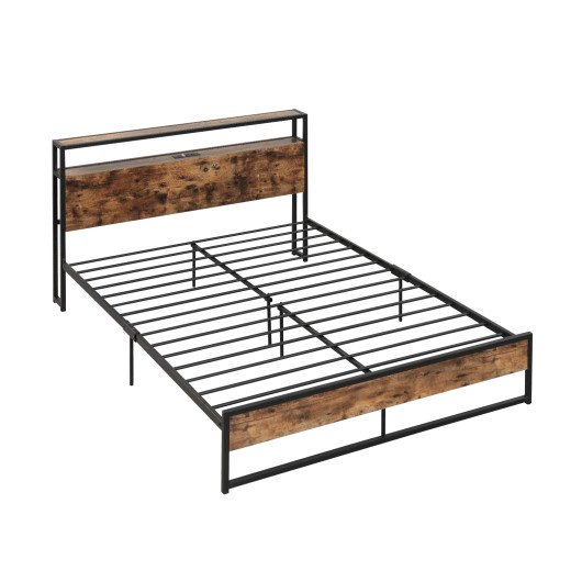 Full-Queen Bed Frame with 2-Tier Storage Headboard and Charging Station-Queen Size