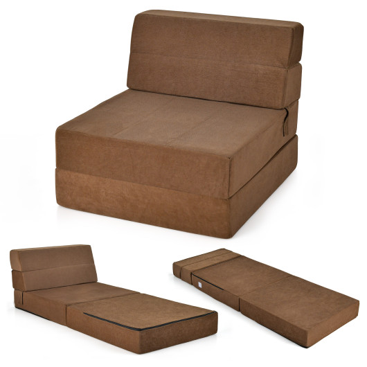 Tri-Fold Folding Chair Convertible Sleeper Bed-Brown - Image 2