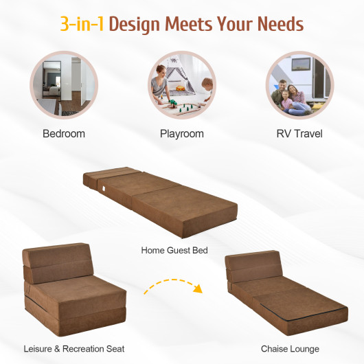 Tri-Fold Folding Chair Convertible Sleeper Bed-Brown - Image 4