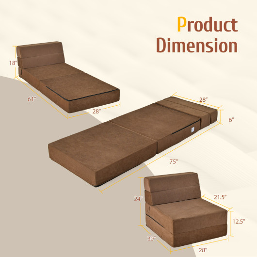 Tri-Fold Folding Chair Convertible Sleeper Bed-Brown - Image 5