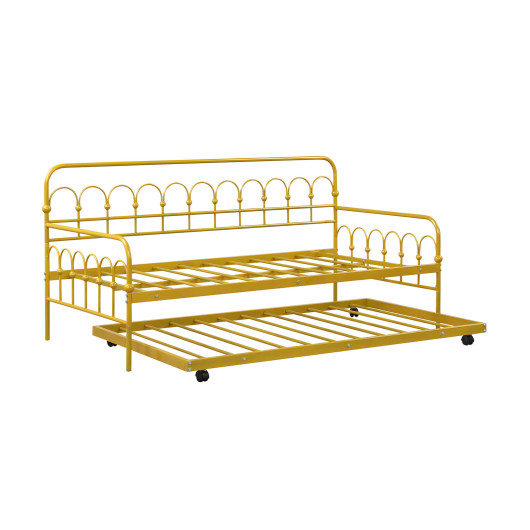 Twin Size Golden Metal Daybed with Trundle and Lockable Wheels-Twin Size