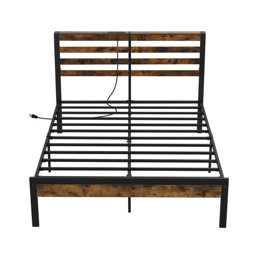 Full-Queen Size Bed Frame with Charging Station and Storage Headboard-Full Size