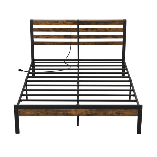 Full-Queen Size Bed Frame with Charging Station and Storage Headboard-Queen Size