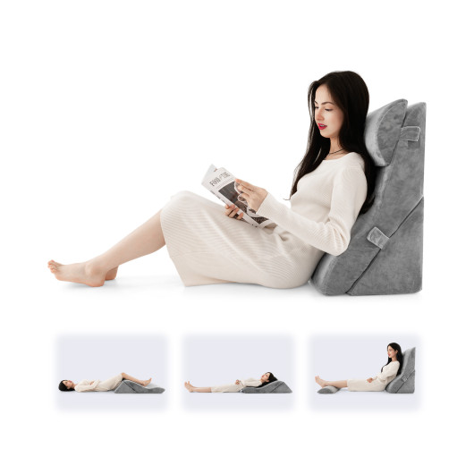 3 Pieces Orthopedic Bed Wedge Pillow Set Adjustable Support for Back Neck-Gray