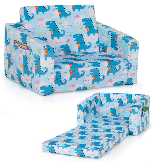 2-in-1 Convertible Kids Sofa with Velvet Fabric-Light Blue - Image 2