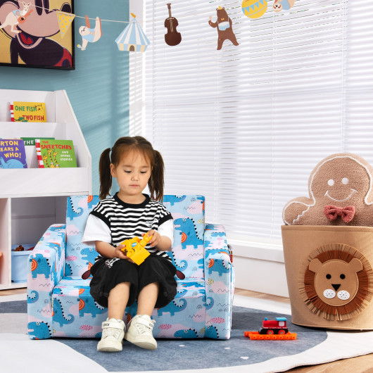 2-in-1 Convertible Kids Sofa with Velvet Fabric-Light Blue - Image 4